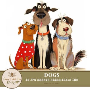 Funny Dogs Clipart - 12 Digital JPG Sheets 12x12 Inches - Whimsical Dog Illustrations for Junk Journals, Cards & Crafts - Paper Prints Pro
