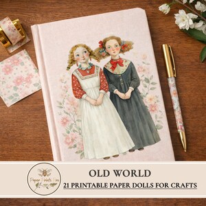 Printable paper dolls in an old world vintage style, featuring illustrated girls in historical dresses arranged on a wooden background. This is a digital download set of 21 printable paper dolls for crafts and junk journals. Commercial use is allowed for physical finished products only, with a limit of up to 500 sales. Digital resale or redistribution of files is not permitted. Designed by PaperPrintsPro.