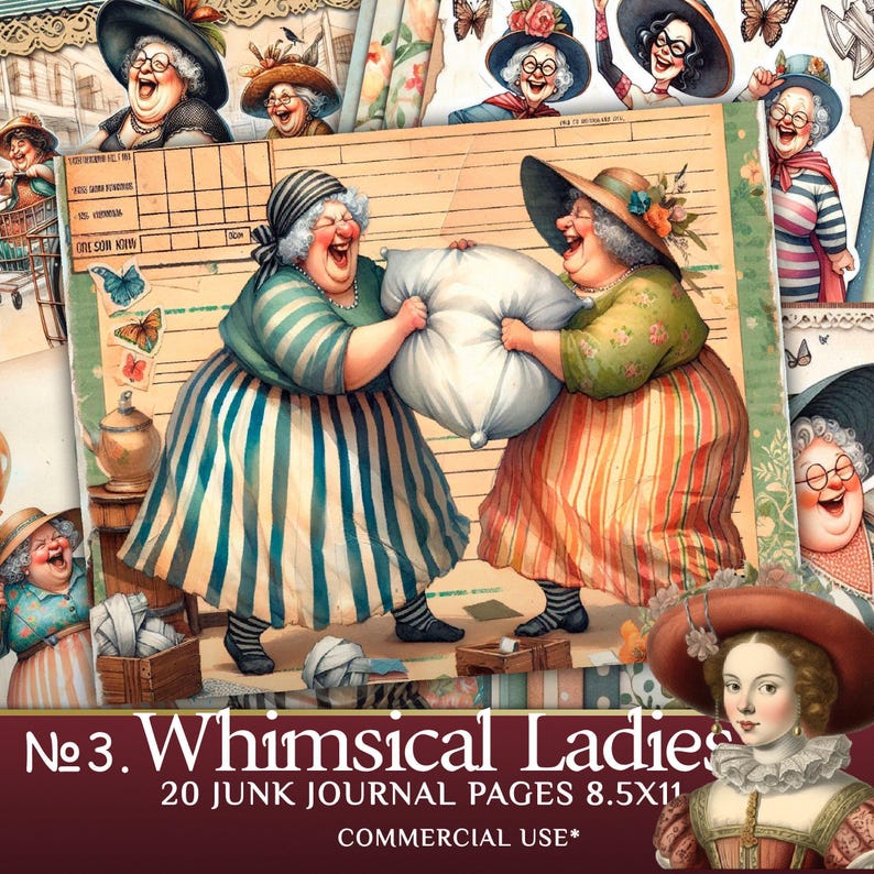 Whimsical Old Ladies Junk Journal Pages - Cartoon Grandmothers Clipart for Scrapbooking