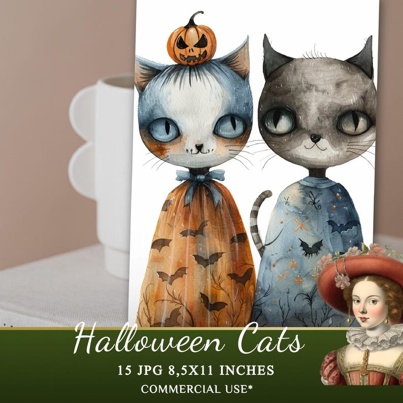 Watercolor Halloween Cats Clipart Collection, 15 JPG  Halloween Clipart, Cute Halloween Animals Clipart
