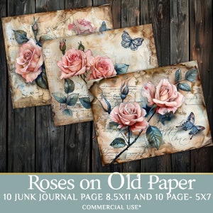 Printable Junk Journal Pages Kit - Vintage Roses on Old Paper- Instant Download 8.5х11 AND 5X7 Sizes