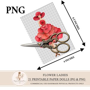 Printable paper dolls with flower dresses, women in bright botanical outfits, floral ephemera set for junk journal, scrapbooking, mixed media and collage projects, digital download includes JPG sheets and PNG cut files by PaperPrintsPro