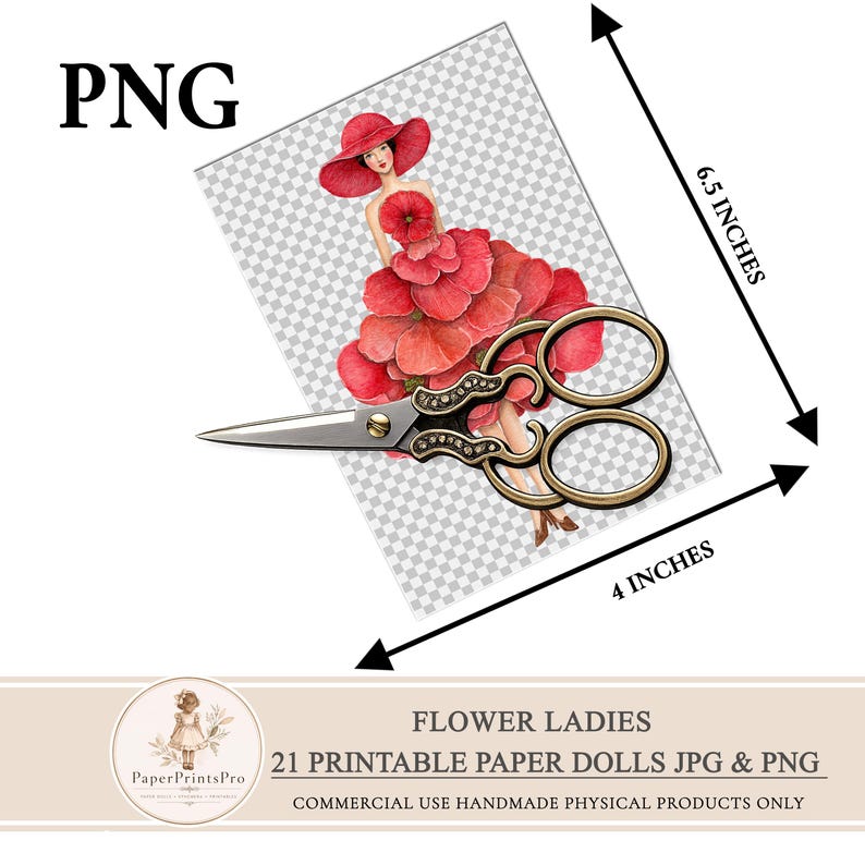 Printable paper dolls with flower dresses, women in bright botanical outfits, floral ephemera set for junk journal, scrapbooking, mixed media and collage projects, digital download includes JPG sheets and PNG cut files by PaperPrintsPro