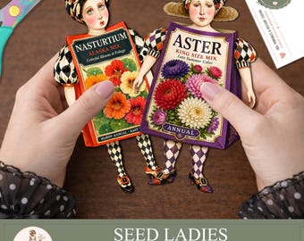 Paper Dolls Printable , Vintage Seed Packet Dolls, Flower Ephemera PNG JPG, Junk Journal, PaperPrintsPro