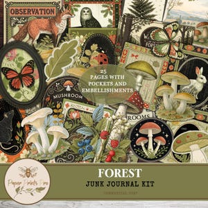 Printable Junk Journal Supplies, Ephemera KIT, Collage Sheets, Fussy Cuts with Autumn Forest Theme