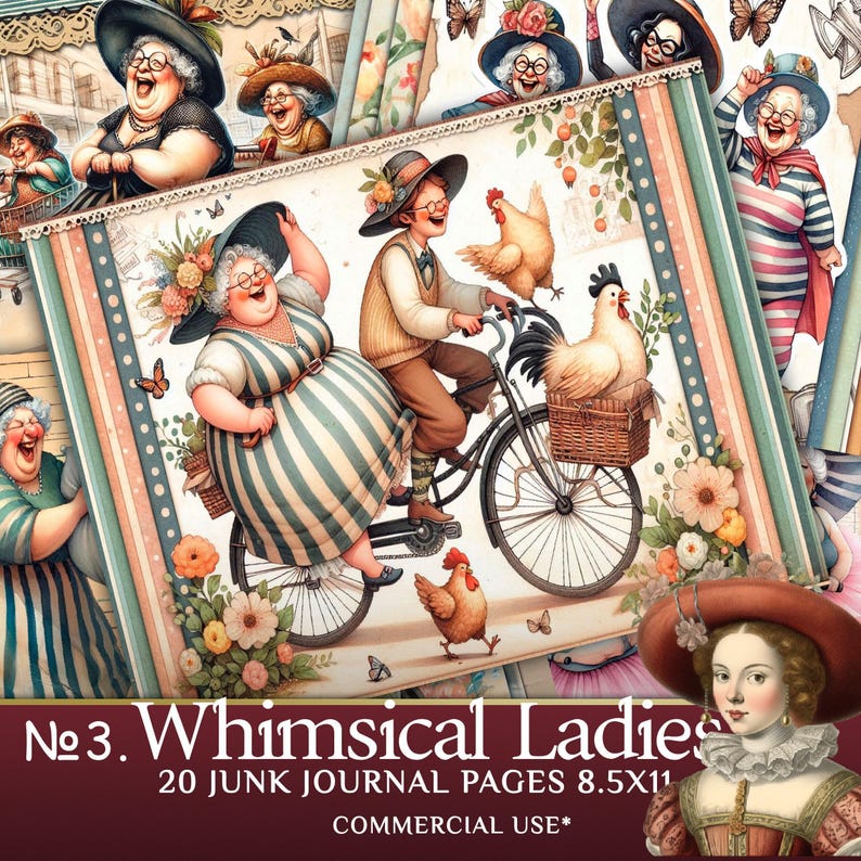 Whimsical Old Ladies Junk Journal Pages - Cartoon Grandmothers Clipart for Scrapbooking