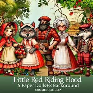 Paper Dolls : Little Red Riding Hood. Collection of dolls from the fairy tale in vintage style -  puppet theatre and children's creativity