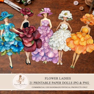 Printable paper dolls with flower dresses, women in bright botanical outfits, floral ephemera set for junk journal, scrapbooking, mixed media and collage projects, digital download includes JPG sheets and PNG cut files by PaperPrintsPro