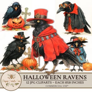 Vintage Halloween Crow Clipart – 12 Printable Ravens in Costume with Pumpkins – PaperPrintsPro