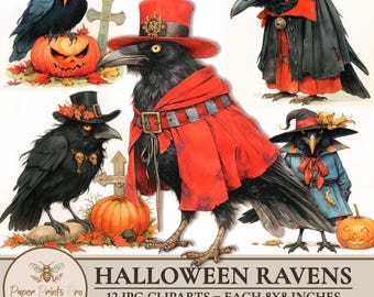 Vintage Halloween Crow Clipart – 12 Printable Ravens in Costume with Pumpkins – PaperPrintsPro