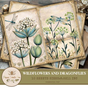 Wildflowers and Dragonflies Digital Paper Pack - 10 Junk Journal Pages with Commercial Use