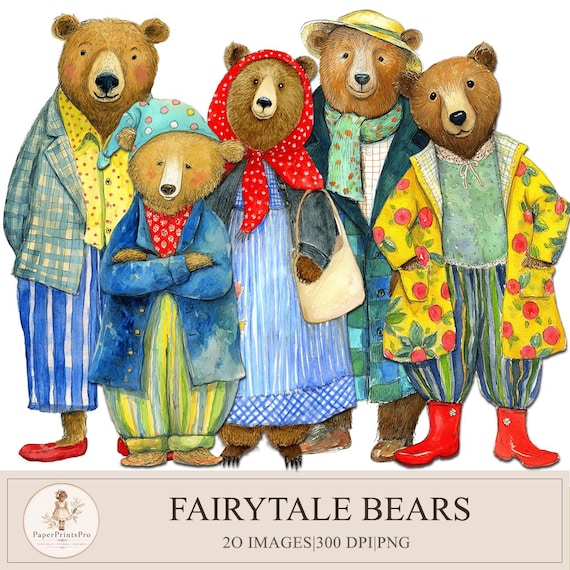Fairytale Bears ,Printable Clipart PNG, 20 Vintage Animals, Paper Dolls, Scrapbooking, Fussy Cut, PaperPrintsPro