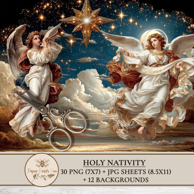Holy Nativity clipart set with 30 PNG figures and matching JPG print sheets plus 12 backgrounds. Includes Holy Family, wise men, shepherds, angels, animals and Bethlehem star in vintage illustration style. Perfect printable ephemera for Christmas crafts, junk journal, card making and papercraft. Digital download by PaperPrintsPro.