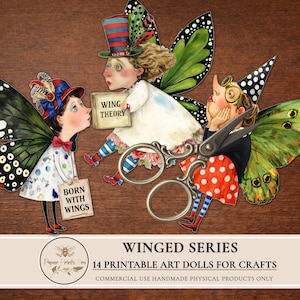 Printable paper dolls digital clipart featuring winged art characters inspired by fairy and butterfly aesthetics. This set includes unique illustrated art dolls designed for crafting, junk journals, scrapbooking, collage, and handmade physical projects. High-quality printable artwork suitable for personal use and limited commercial use in handmade crafts.