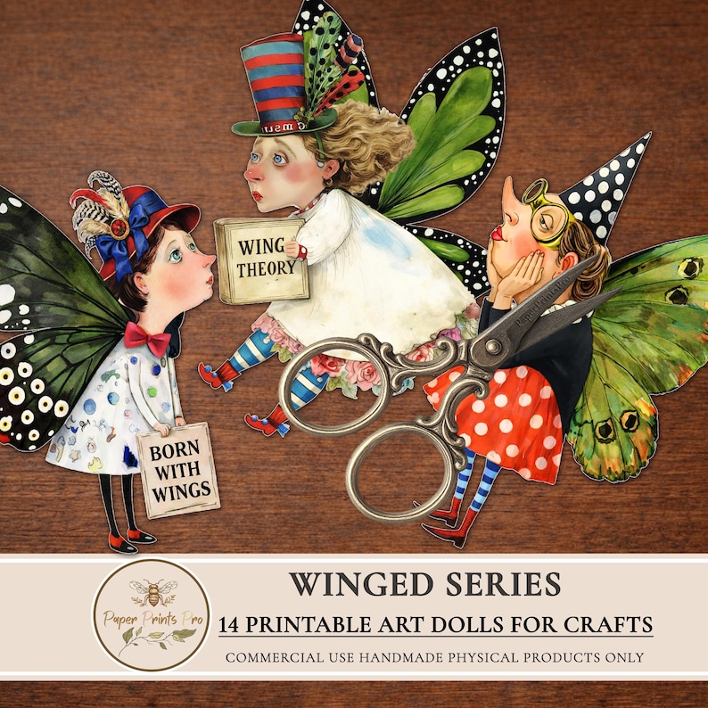 Printable paper dolls digital clipart featuring winged art characters inspired by fairy and butterfly aesthetics. This set includes unique illustrated art dolls designed for crafting, junk journals, scrapbooking, collage, and handmade physical projects. High-quality printable artwork suitable for personal use and limited commercial use in handmade crafts.