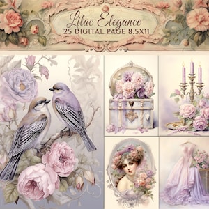 Floral Scrapbook Papers Set - Lilac and Pink Roses Victorian Decoupage Pages for Romantic Decor