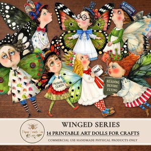 Printable paper dolls digital clipart featuring winged art characters inspired by fairy and butterfly aesthetics. This set includes unique illustrated art dolls designed for crafting, junk journals, scrapbooking, collage, and handmade physical projects. High-quality printable artwork suitable for personal use and limited commercial use in handmade crafts.