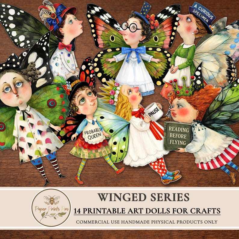 Printable paper dolls digital clipart featuring winged art characters inspired by fairy and butterfly aesthetics. This set includes unique illustrated art dolls designed for crafting, junk journals, scrapbooking, collage, and handmade physical projects. High-quality printable artwork suitable for personal use and limited commercial use in handmade crafts.