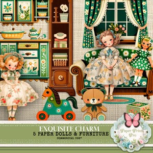 5  Paper Dolls -Printable Dollhouse Kit with Kitchen and Bedroom Furniture for house, Toys - Digital Cut-Outs for Crafting & Play