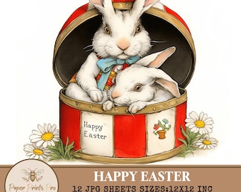 Vintage Easter Bunnies Clipart - 12 JPG Digital Images, Cute Rabbits in Decorative Boxes, 12x12 inch,PaperPrintsPro