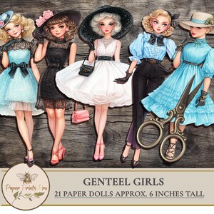 Printable vintage paper dolls set of stylish women in 1950s-inspired outfits – elegant retro fashion with pastel dresses, puff sleeves, full skirts, fitted pants, high heels, gloves, hats, and accessories. Perfect for junk journaling, scrapbooking, collage art, and DIY paper crafts. Retro aesthetic, glamorous feminine looks, cut-out dolls for printing and decorating. Includes ladylike coats, classic silhouettes, dramatic poses, and timeless details. 
 by PaperPrintsPro