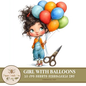 10 Cute Girl With Balloon Clipart Bundle, 10 High-Quality JPG, Craft Art, Card Making, Clip Art, Digital Paper Craft, Scrapbooking