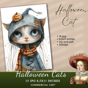 Watercolor Halloween Cats Clipart Collection, 15 JPG  Halloween Clipart, Cute Halloween Animals Clipart