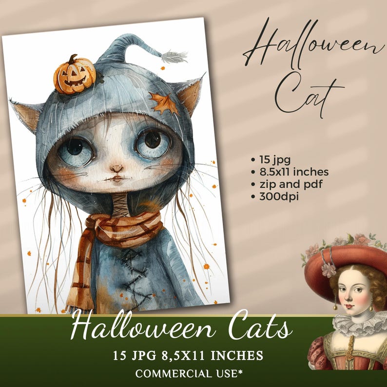 Watercolor Halloween Cats Clipart Collection, 15 JPG  Halloween Clipart, Cute Halloween Animals Clipart