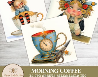 Morning Coffee Clipart, Whimsical Vintage Coffee Art, Retro Coffee Illustrations, 12 JPG, 300 DPI -Clip Art Paper Prints Pro