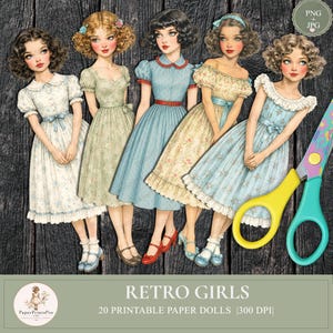 Printable Paper Dolls, Retro Girls, Vintage PaperDoll, Fussy Cut , Junk Journal , Scrapbook Clipart, PaperPrintsPro