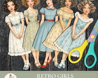 Printable Paper Dolls, Retro Girls, Vintage PaperDoll, Fussy Cut , Junk Journal , Scrapbook Clipart, PaperPrintsPro
