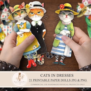 May include: Paper dolls depicting cats in dresses and hats. The cats are wearing different outfits, such as a yellow dress with daisies, a black dress, and a striped dress. The image includes the text "CATS IN DRESSES".