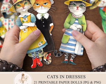 Paper Dolls Cats in Dresses, Printable Cat Ephemera, Fussy Cuts, Whimsical animal Crafts  - PaperPrintsPro