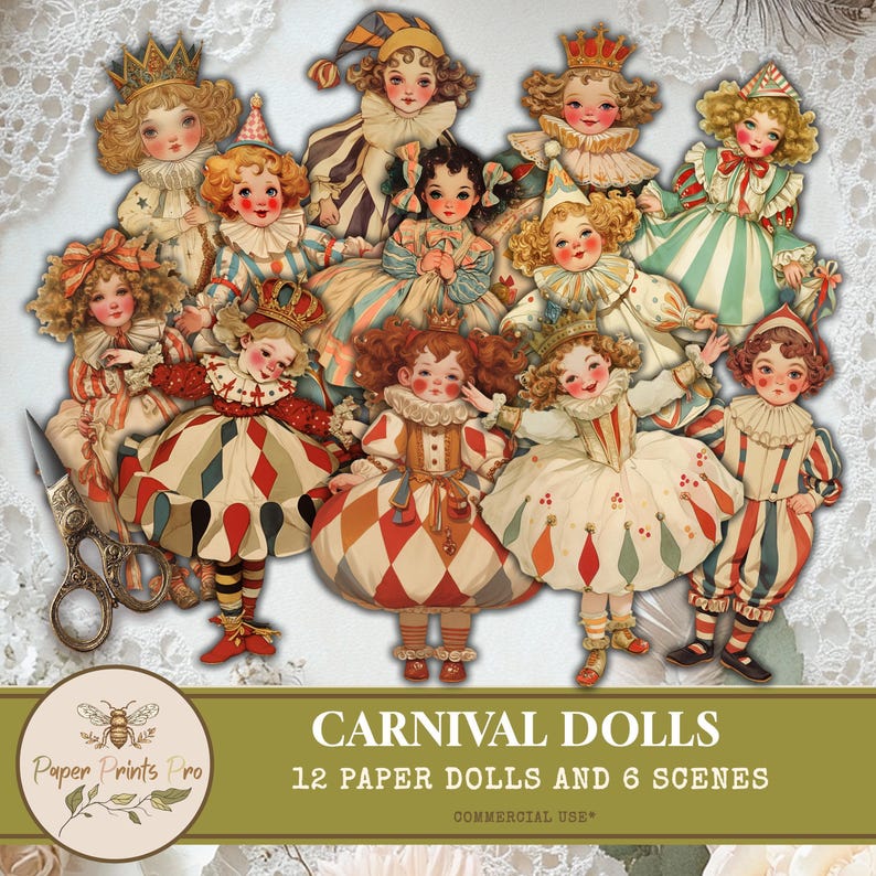 Paper Dolls - 12 Carnival-Themed Dolls and 6 Vintage Scenes for Junk Journals, Scrapbooking, and Puppet Stories