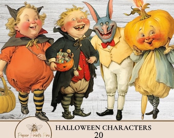 Halloween Paper Dolls Ephemera Kit with Ghosts, Witches, Pumpkin Heads for Collage Junk Journals