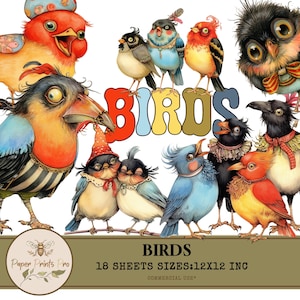 Vintage Bird Clipart: 18 JPG Digital Papers for Scrapbooking (Digital Download)