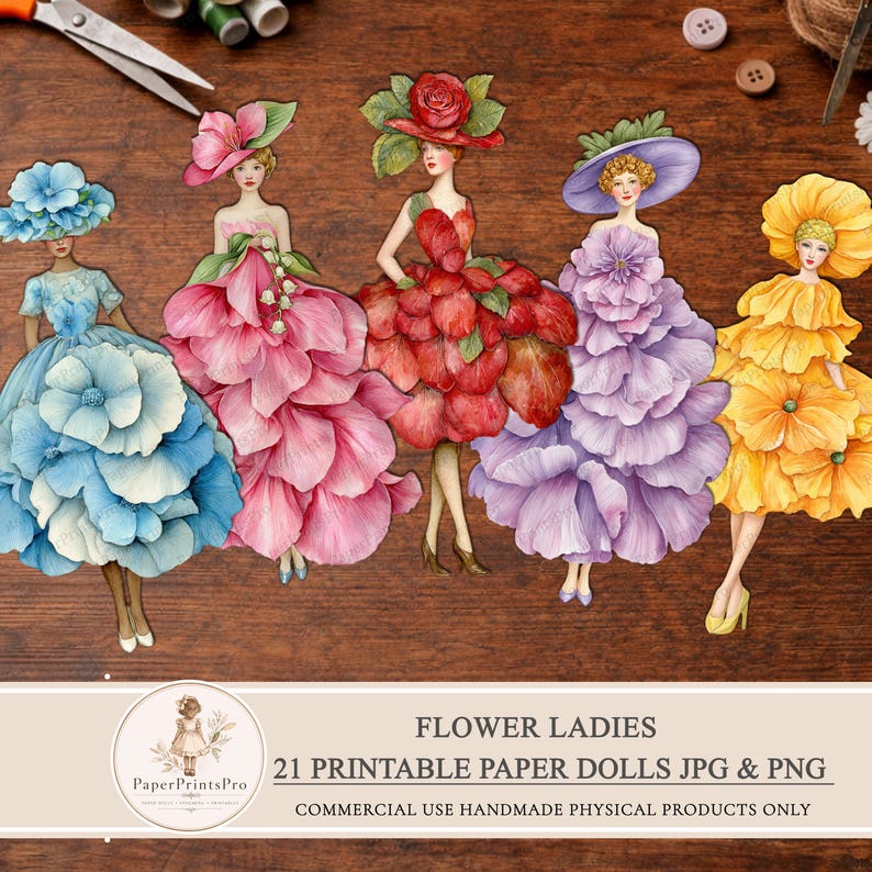 Printable paper dolls with flower dresses, women in bright botanical outfits, floral ephemera set for junk journal, scrapbooking, mixed media and collage projects, digital download includes JPG sheets and PNG cut files by PaperPrintsPro
