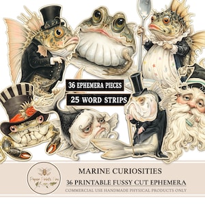 Op de afbeelding: Een verzameling grillige ephemera met maritieme thema's, met antropomorfe vissen, een kikker en een krab, allemaal gekleed in Victoriaanse kleding. De afbeelding toont de tekst "36 Ephemera Pieces" en "25 Word Strips". De woorden "Marine Curiosities" zijn ook aanwezig.