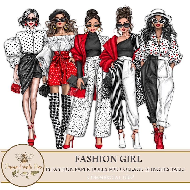Printable Fashion Paper Dolls, 18 Fashion Girl Stickers for Planners, Collage, Scrapbooking, Diary Pages - PaperPrintsPro