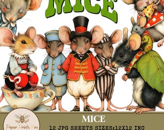 Vintage Mice Clipart: 12x12 Inch Animal Illustrations (Digital Download)