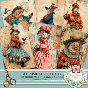 Whimsical Old Lady Journal Pages - 22 half page Funny Old Ladies - Quirky Grandy Clipart - PDF Download
