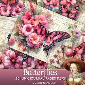 Floral Butterfly Junk Journal Kit: Vintage Digital Scrapbook Pages for Instant Download Crafting