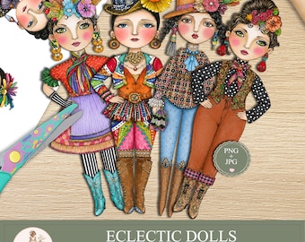 Eclectic Paper Dolls Printable, Boho Folk Fashion Dolls, Colorful Vintage Style Clipart PNG, PaperPrintsPro