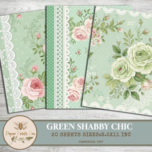 Green Shabby Chic Digital Paper - 20 Soft Vintage Printable Pages, lace paper 8.5x11 inch-Paper Prints Pro