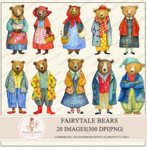 Fairytale Bears printable clipart by PaperPrintsPro, 20 PNG images, 300 DPI, whimsical anthropomorphic bears in vintage style clothing, floral dresses, scarves, coats and hats, colorful patterns, full body characters, hand painted look, perfect for junk journal, scrapbooking, collage, crafts, fussy cut, digital download for handmade projects