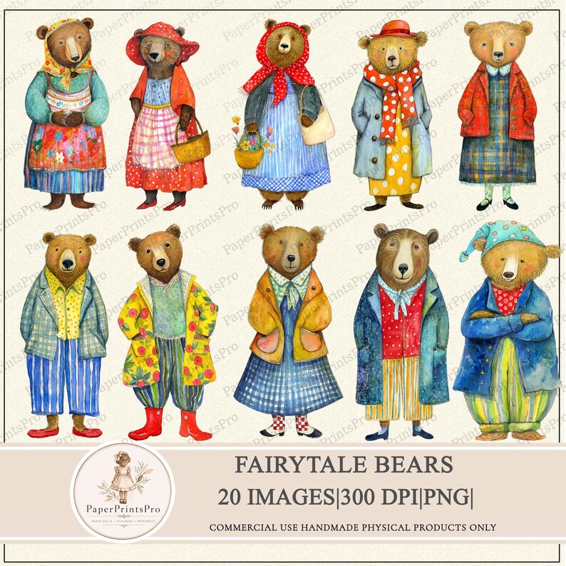 Fairytale Bears printable clipart by PaperPrintsPro, 20 PNG images, 300 DPI, whimsical anthropomorphic bears in vintage style clothing, floral dresses, scarves, coats and hats, colorful patterns, full body characters, hand painted look, perfect for junk journal, scrapbooking, collage, crafts, fussy cut, digital download for handmade projects