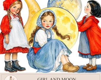 Girl Moon Clipart PNG, Watercolor Storybook Characters, Digital Stickers, Scrapbooking Supplies ,PaperPrintsPro