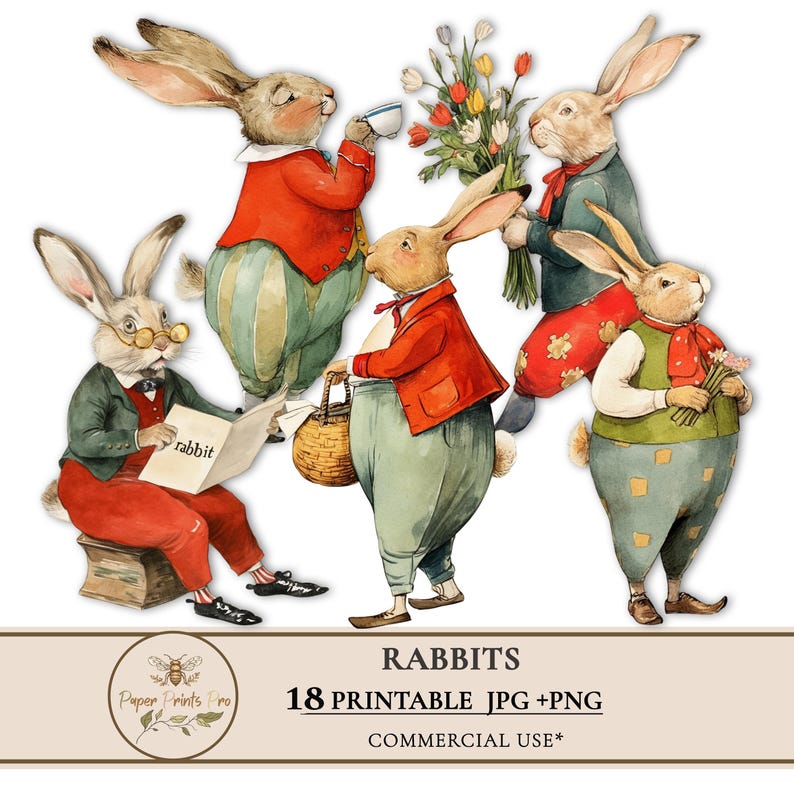 Printable Rabbit Clipart PNG JPG, Vintage Style Animals, Junk Journal ...