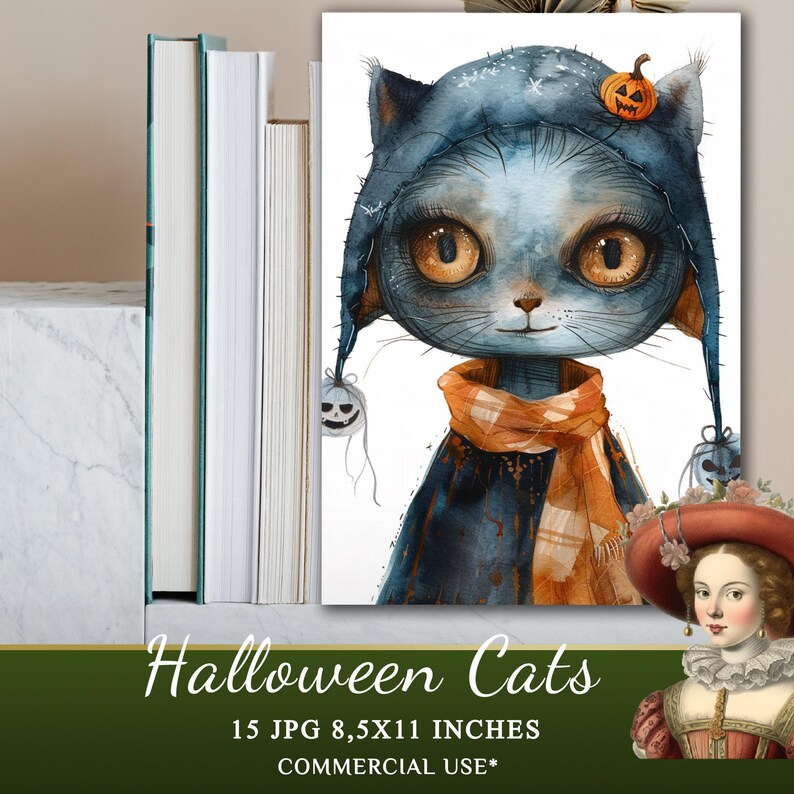 Watercolor Halloween Cats Clipart Collection, 15 JPG  Halloween Clipart, Cute Halloween Animals Clipart