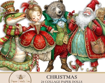 24 Christmas Paper Dolls Printable – Santa Claus Animals Children Ephemera Cutouts Junk Journals – PaperPrintsPro